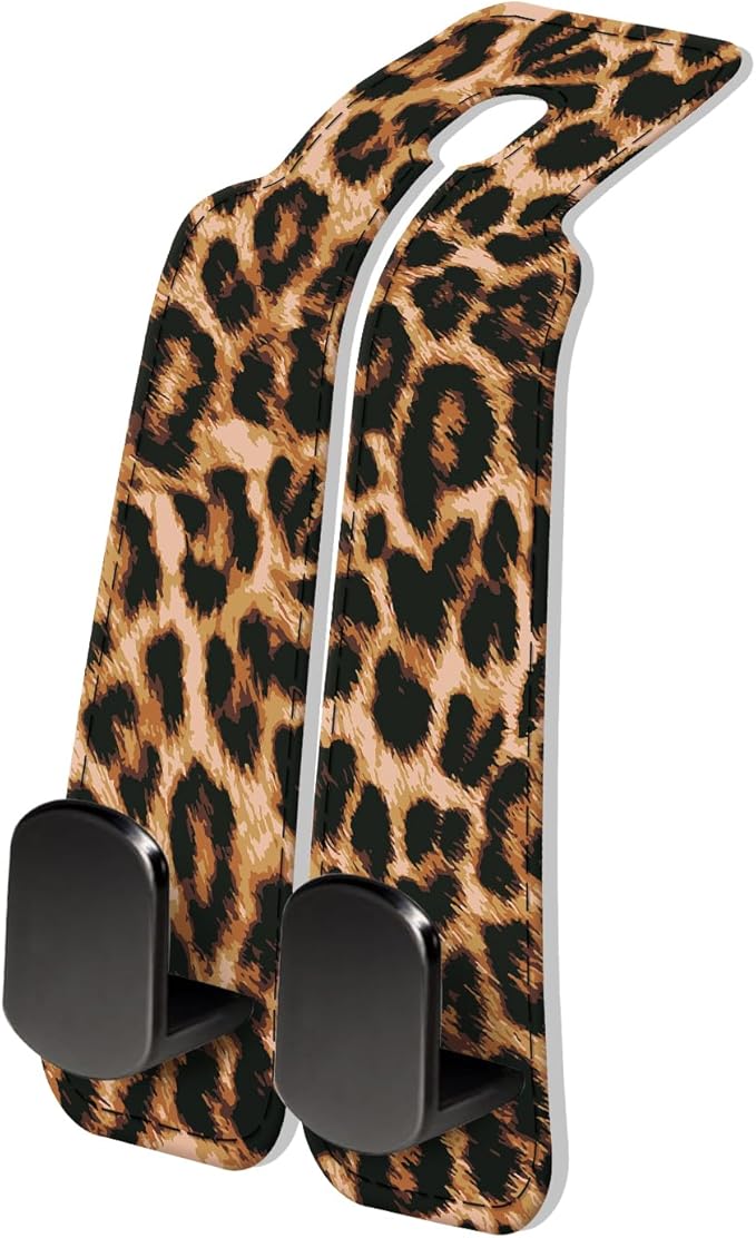 PU Leather Car Seat Hook, Storage Headrest Hanger, Cute Car Backseat Organizer, Car Hooks For Purses and Bags Brown Leopard Print