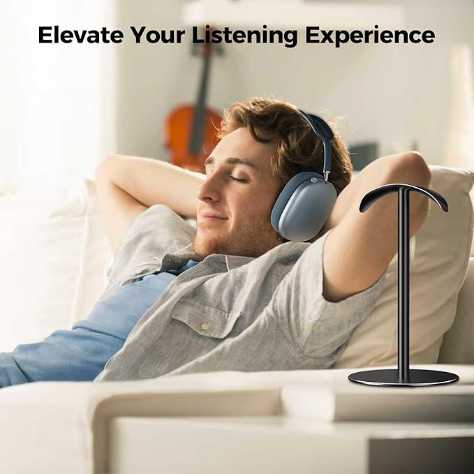 Desk Headphone Stand for AirPods Max, Aluminum Alloy Headset Stand with Anti-Slip Base & Curved Headband Support, Universal Headphone Holder for Most Gaming Headsets (Black)