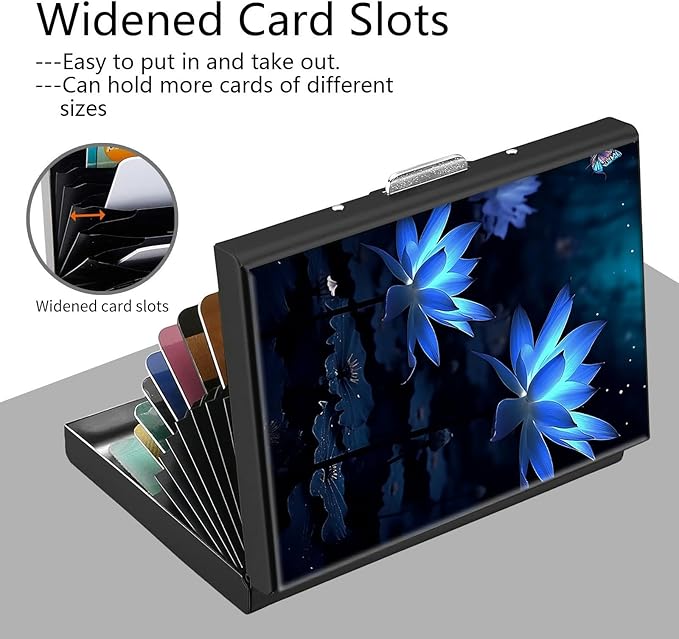 Credit Card Holder, Flower Lotus Design Mini RFID Blocking Aluminum Wallet Slim Metal Hard Case Shell Travel Wallet ID Case Small Credit Cards Case Business Cards for Women Men Girls