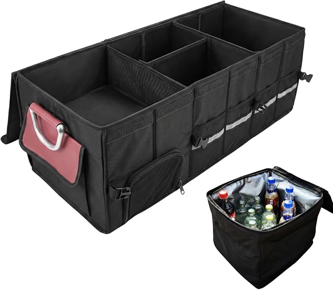 J&J Car Trunk Organizer 112L & Collapsible Cooler Bag 31.5L, 1680D Premium Durable Adjustable Storage for Road Trip Essentials, Car Accessories for Men & Women, SUV, Truck (Extra Large)