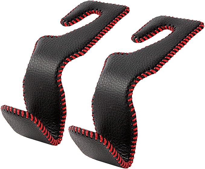 AMVOYOA Car Headrest Hook, Leather Vehicle Back Seat Hanger Storage for Purse Groceries Bag and More, Black&Red, Pack of 2