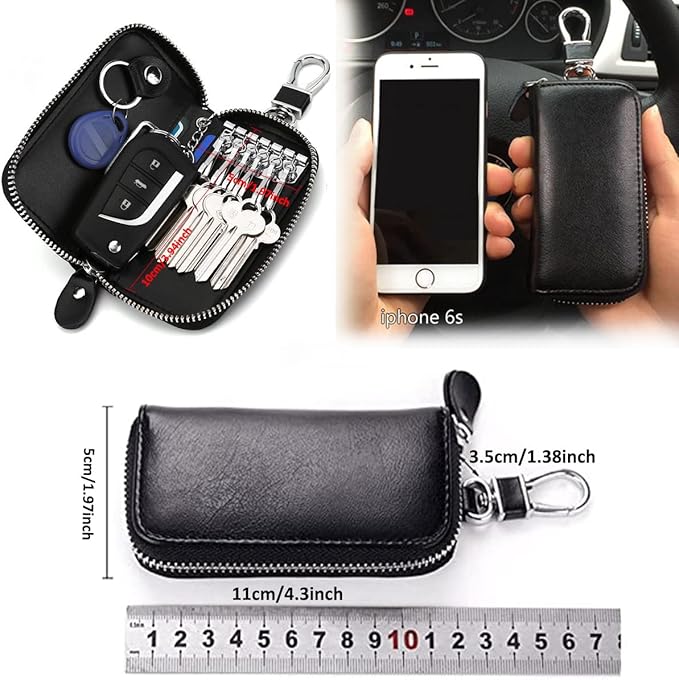 WESTONETEK Unisex Mens Womens Premium Leather Car Key Holder Bag Keychain Case Wallet with 6 Hooks Zipper Closure
