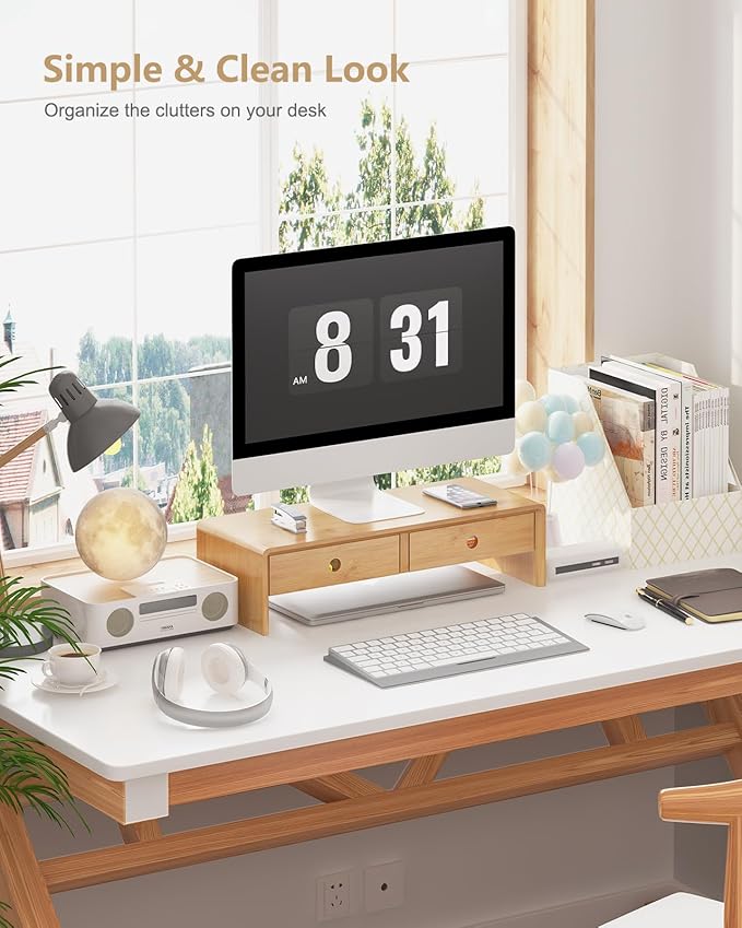 Ufine Bamboo Monitor Stand with 2 Drawers Desktop Organizer Computer Screen Laptop Riser Ergonomic Height for Home Office