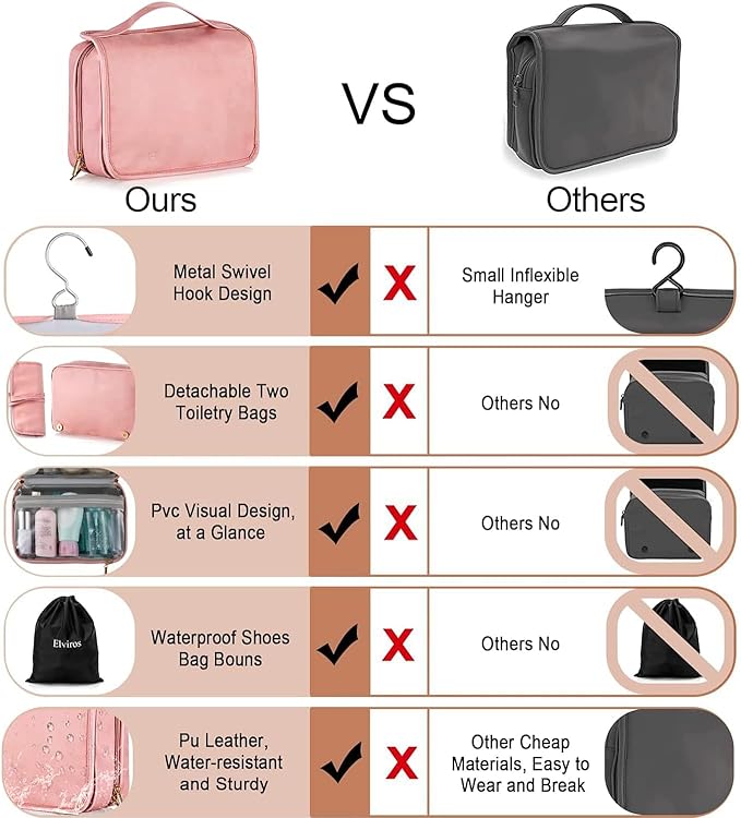 Elviros Hanging Travel Toiletry Bag for Women, 3-in-1 Large Makeup Bag and Cosmetic Organizer, Vegan Leather Waterproof Skincare Case for Travel Size Toiletries and Accessories, Gift for Women