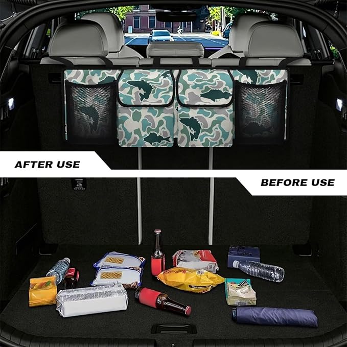 Fish Green Camo Trunk Storage Organizer Waterproof Collapsible Car Storage Bag with 4 Pockets Space Saving Car Trunk Storage Organizer with Lid for Cars Sedans SUVs
