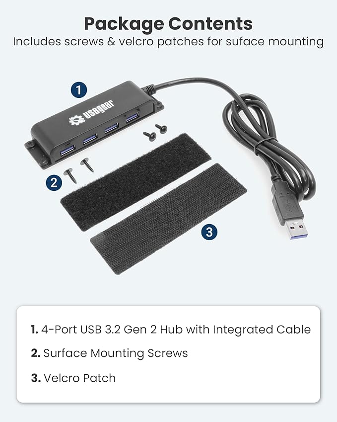 USBGear 4-Port USB 3.2 Hub, Ultra-Compact Data Transfer 10gbps USB-A Hub with 3.3 ft Integrated Extension Cable and Built-in Mounting [No Charging] for Mac, PC, Mobile HDD, Flash Drives