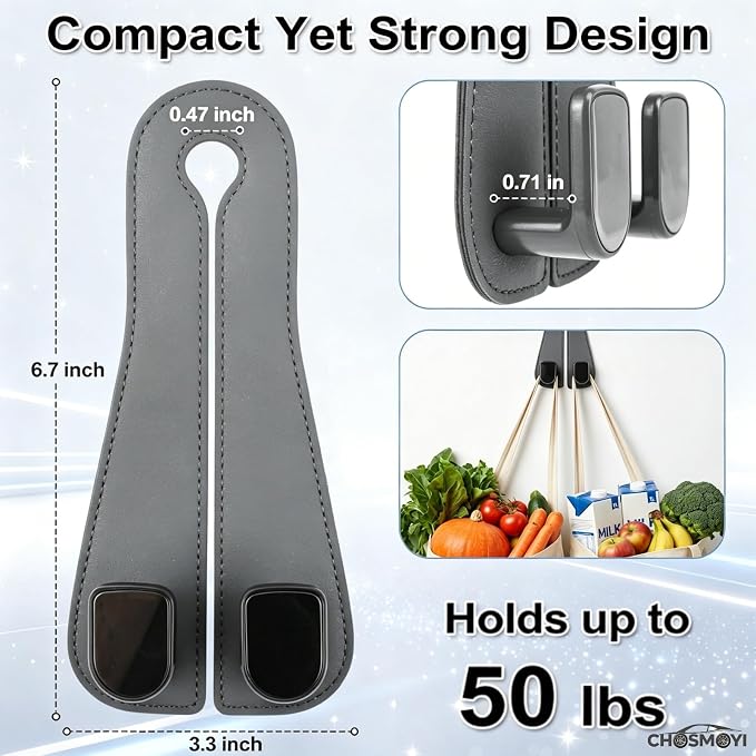 CHOSMOYI Leather Car Purse Hook for Headrest, 2 Pack Seat Back Organizer for Handbags, Groceries & Essentials, Heavy Duty Car Accessories (Grey)