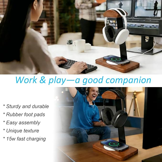 Solid Wooden Headphone Holder with Fast Wireless Charging Pad, Universal Headset Stand for Gaming Desk, Headphone Rack Wireless Charger Compatible with iPhone Samsung with QI Function (White