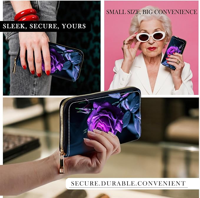 RFID-Blocking Zip Around Wallets for Women with Detachable Wrist Strap,Large Capacity Phone Holder with Card Organizer & Coin Pocket,Purple Flower Rose