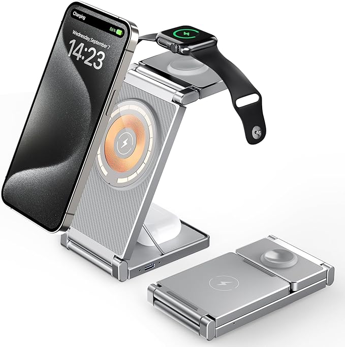 Magnetic Charging Station,Hohosb 3 in 1 Foldable Zinc Alloy Wireless Charger Stand[Compatible with Magsafe Charger] for iPhone 15/14/13/12 Series,AirPods Pro/3/2,Apple Watch/iWatch(Titanium Grey)