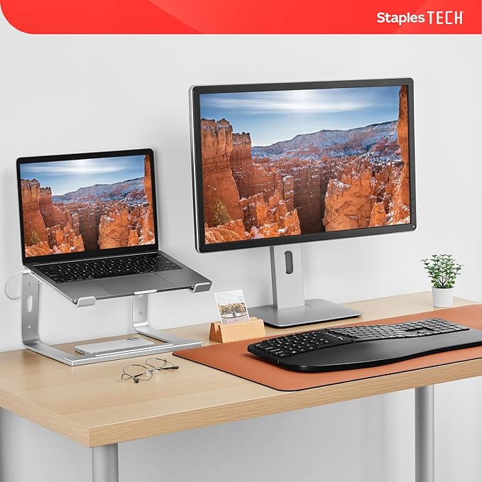 Staples TECH Adjustable Aluminum Laptop Stand ??Fits 11"??7" Laptops, Ergonomic Eye?‘Level Riser with Ventilated Cooling & Anti?‘Slip Base, Silver
