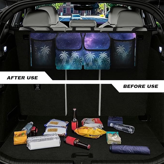 Starry Sky Back Seat Trunk Organizer,Coconut Tree Design Car Trunk Storage Organizer with Lid Keep your Trunk Clean and Tidy 4 Large Pockets Not Easy to Fade