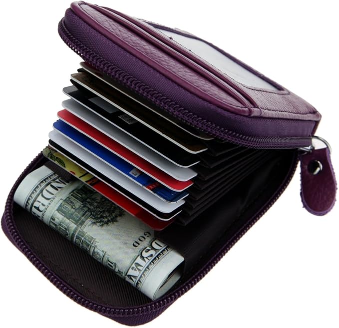 RFID Blocking Genuine Leather Mini Credit Card Case Organizer Compact Wallet with ID Window - Purple