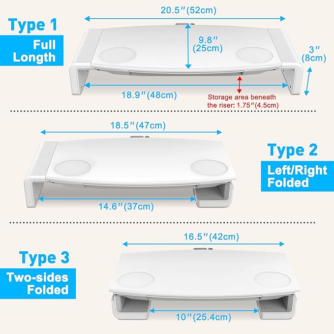 AboveTEK Monitor Stand Riser, Foldable Computer Monitor Riser with Drawer, Height Adjustable Computer Monitor Stands and Risers, Phone Stand for PC, Desktop, Laptop, Printer Save Space (White)