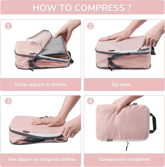 CherryNow Compression Packing Cubes, 7 Set Packing Cubes for Travel Women, Travel Essentials for Suitcase, Luggage Organizer Bags, Pink