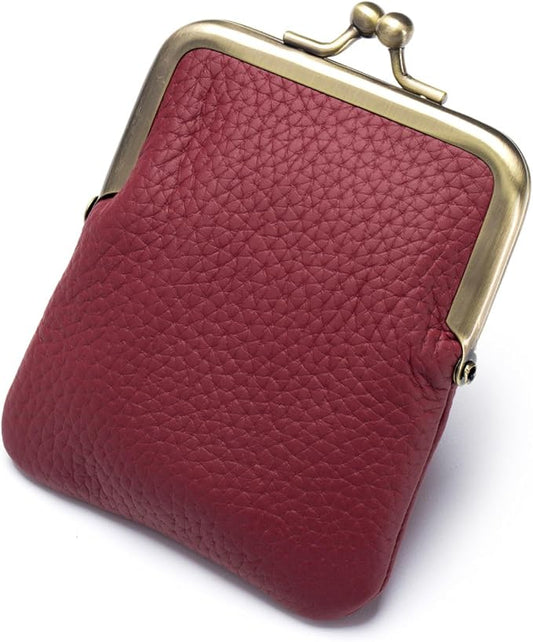 Genuine Leather Kiss Lock Coin Purse, Mini Wallet with Metal Clasp Frame, Small Change Holder，gift for women men (Red)