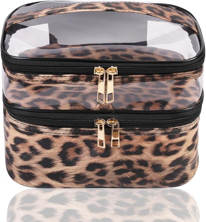 FITINI Makeup Bags Double Layer Travel Large Cosmetic Cases Organizer Toiletry Bags Waterproof Small Zipper Pouch for Women Makeup Brush Storage Bag,Brown Leopard