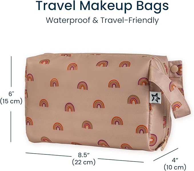 Tiny Twinkle Waterproof Travel Toiletry & Makeup Bag Organizer | Makeup Pouch with Multiple Compartments & Snap Handle for Travel | Gift for Teen Girls and Women (Boho Rainbow)