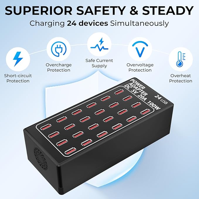 USB Charging Station, 100W/20A 24 Port Desktop Multiple Device Charger Station, Multi Ports Fast Phone Charging Station Organizer, Suitable for School Mall Shop Hotel