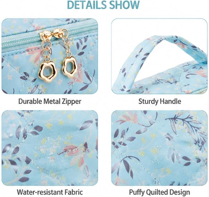 YTL Travel Makeup Bag, Puffer Cosmetic Bag for Women, Waterproof Puffy Padded Make Up Bags, Flat Open Portable Organizer Case Toiletry Bag Pouch Purse for Skincare, Brushes & Travel Essentials