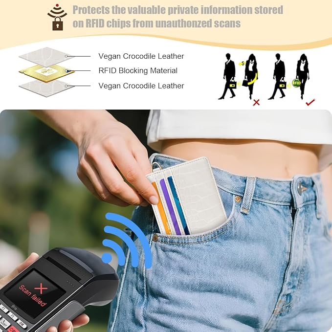 Slim Credit Card Holder Crocodile Wallet Women Thin Alligator Wallets RFID Blocking Minimalist Lightweight Small Cute Cards Holders with ID Window, Beige