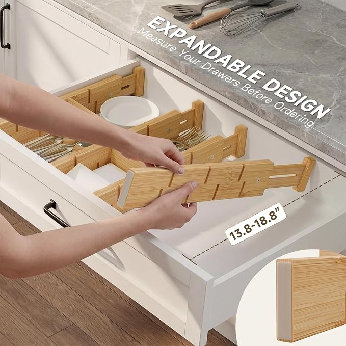 Bamboo Drawer Dividers, Expandable Kitchen Drawer Organizer, Include 8 Dividers, 8 Small Inserts and 8 Medium Inserts for Home, Office, Dressers