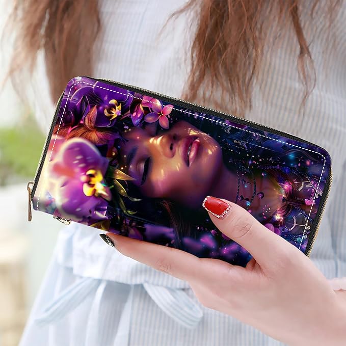 Women's Large Capacity Wallet PU Leather Zip Around Clutch Purse Multifunctional Wallet with Removable Wristlet Strap for Smart Phone/Coin/Card/Cash, Floral Wreath Women