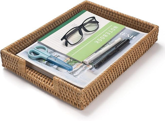 Rattan Letter Tray, Wicker Desk Tray, Woven Desktop Basket Organizer for Papers, Documents, Magazines, Files