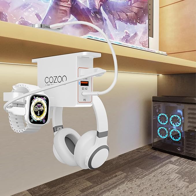 Under Desk Headphone Stand with 20W PD & QC3.0, 3-Port USB Charging Station, Dual Headset Holder & Watch Hook & Cable Organizer,Gaming Accessories, Desk Accessories for Men, Gifts for Gamers Teen Boys