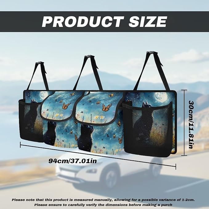 Black Cat Print Car Trunk Organizer Hanging Car Backseat Storage Bag Waterproof Collapsible Cargo Bag with 4 Pouches Universal Automotive Interior Accessories