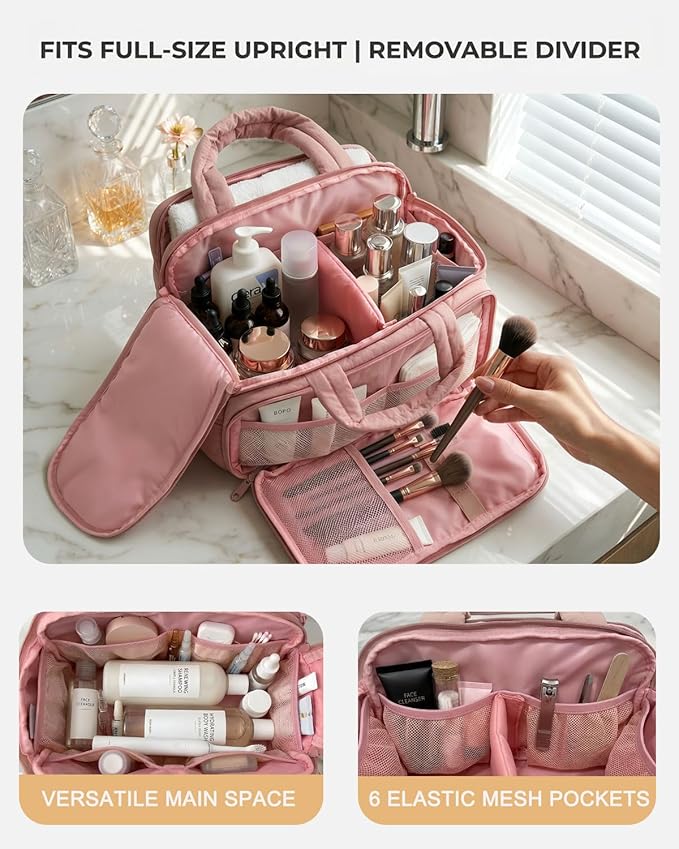 Lightweight Structured Travel Toiletry Bag for Women - Wide-Open Puffer Mini Duffel with Removable Divider, Waterproof Lining, Water-Resistant Exterior, Fits Full-Size Bottles & Shower Essentials