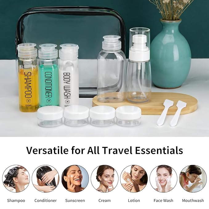 Cosywell Travel Bottles for Toiletries 10PCS 100ml Pre-Printed Shampoo, Conditioner & Body Wash TSA Approved 2oz Travel Spray Bottle Leakproof 0.35oz Plastic Cream Jars Refillable Cream Lotion(Clear)