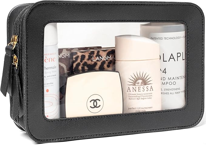 LETGO Clear Makeup Bags for Travel, TSA Approved Toiletry Bag with Zipper, Makeup Organizer Fit Carry-on Essentials, Car Accessories Organizers Storage for Women Men (Clear-Black)