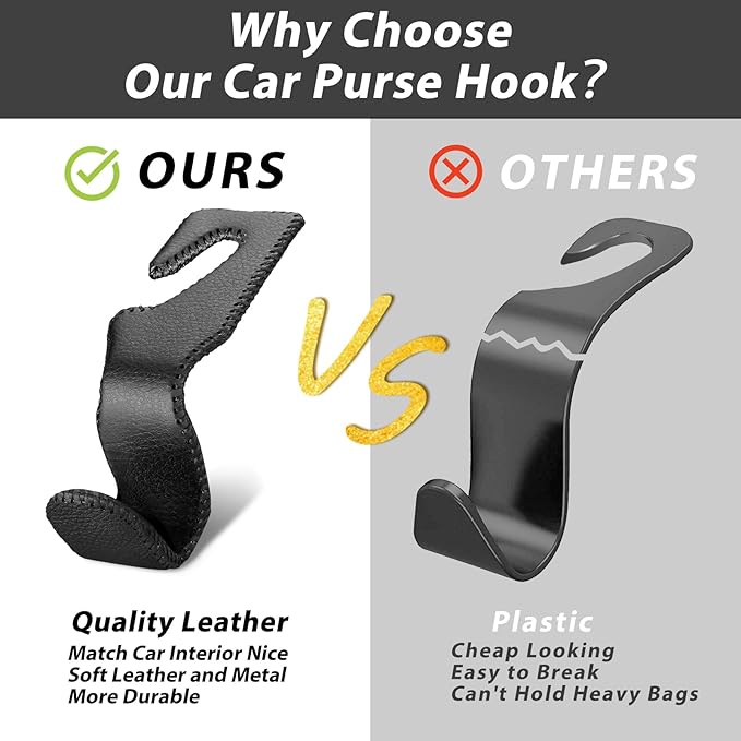 Car Purse Holder - Leather Vehicle Storage Hanger Hook for Purses and Bags, 2 Pack Black