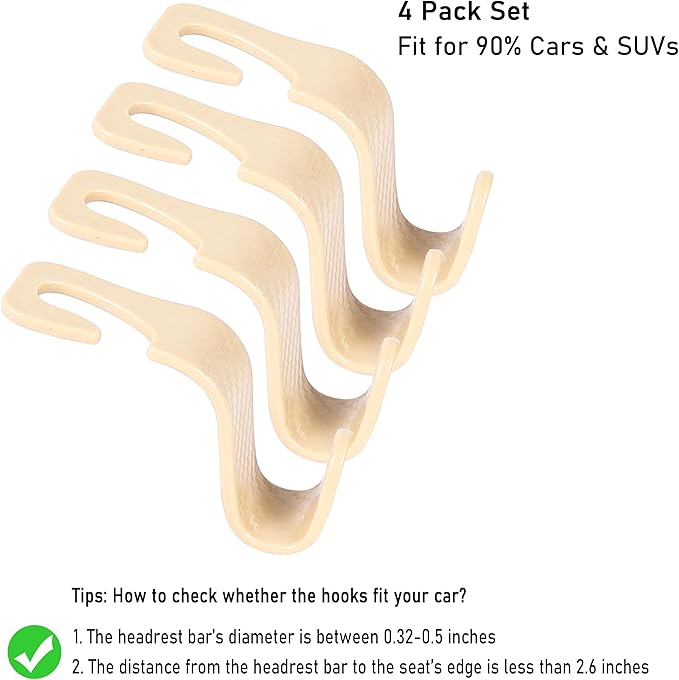 Car Seat Headrest Hook Universal Vehicle Seat Hook Hangers Interior Storage Organizer for Purse Handbag Coats Umbrellas Grocery Bags 4 Pack Beige