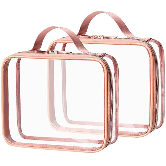 MODENGKONGJIAN TSA Approved Clear Toiletry Bag, 2 Pack Clear Quart Size Travel Makeup Cosmetic Bags with Handle Large Opening, Carry on Airport Airline Compliant Bag for Women Men (Gold)