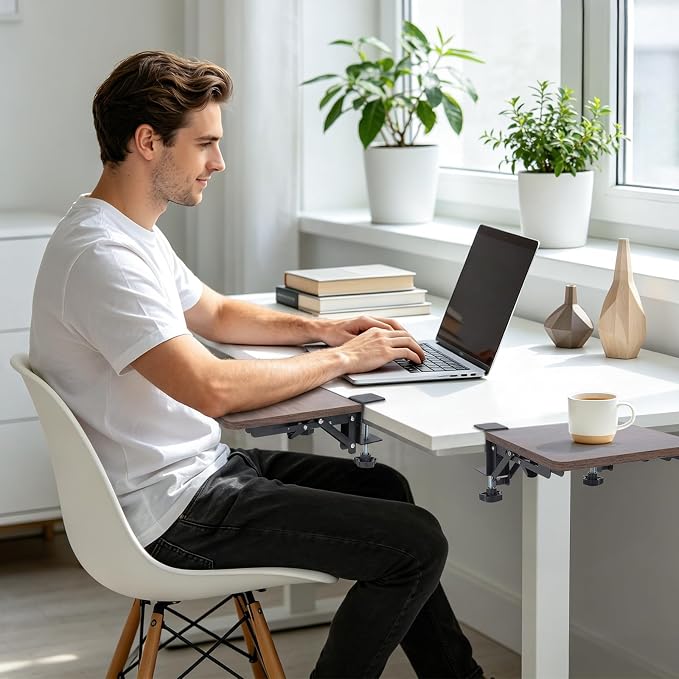 Ergonomics Foldable Desk Extender Tray with a Mouse Pad, 9"x9" Elbow Arm Rest with Clamp On Desktop Mount, 90° Foldable Armrest Support for Home and Office Use, Rustic Brown