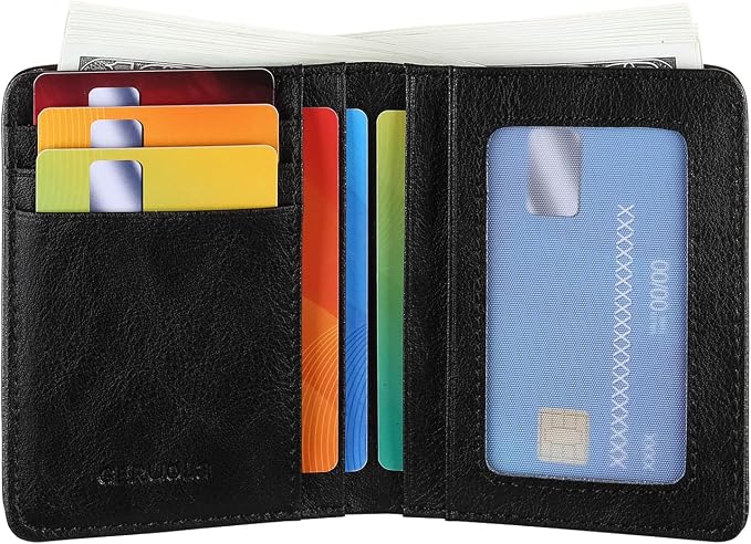 Bifold Slim Men Wallet Genuine Leather Thin, Small Vertical RFID Blocking Wallets for Men ，Compact & Stylish with Clear ID Windows (Black)