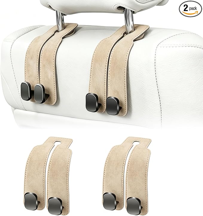 Amelity Car Headrest Hooks, Purse Hook for Vehicle 2 Pack Beige | Universal Car Interior Accessories for Women, Available in 2/4 Pack, Storage Hanger Holds Purses, Backpacks, Grocery Bags