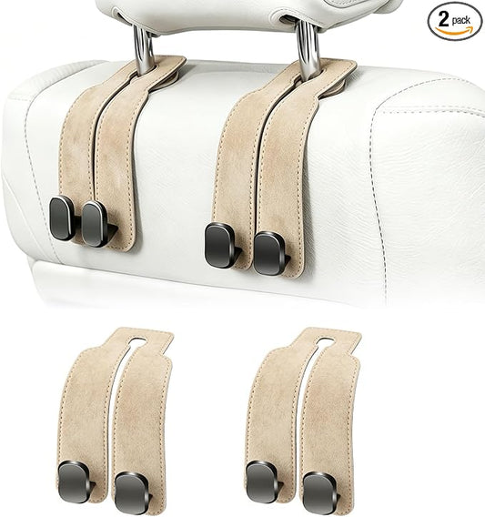 Amelity Car Headrest Hooks, Purse Hook for Vehicle 2 Pack Beige | Universal Car Interior Accessories for Women, Available in 2/4 Pack, Storage Hanger Holds Purses, Backpacks, Grocery Bags