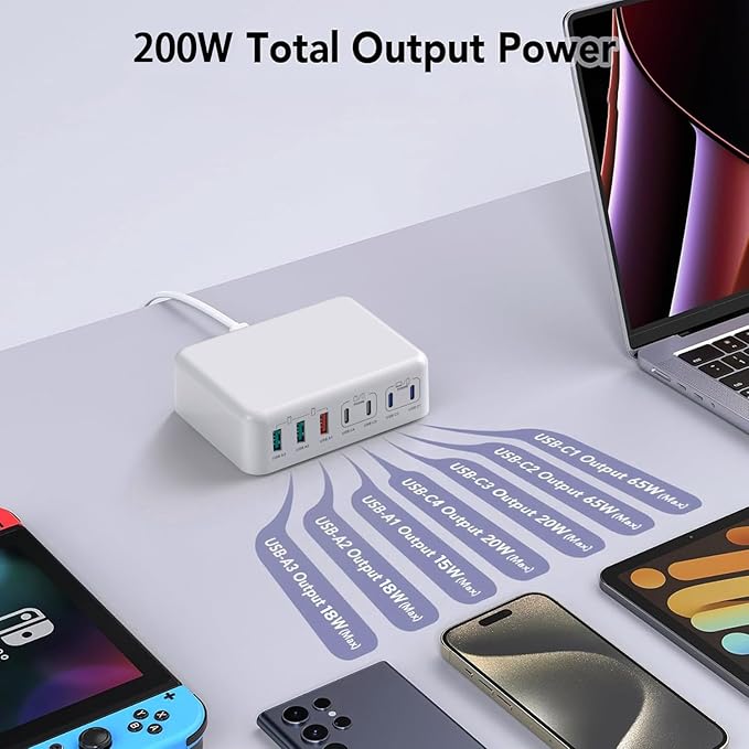 200W USB C Charger Block, 200W GaN 7 Port USB Charging Station PD 65W Laptop Power Adapter Wall Plug, USB C Block Charging Hub Compatible with MacBook Pro/Air/iPhone 16/15/14/13/iPad/Galaxy S24/S23