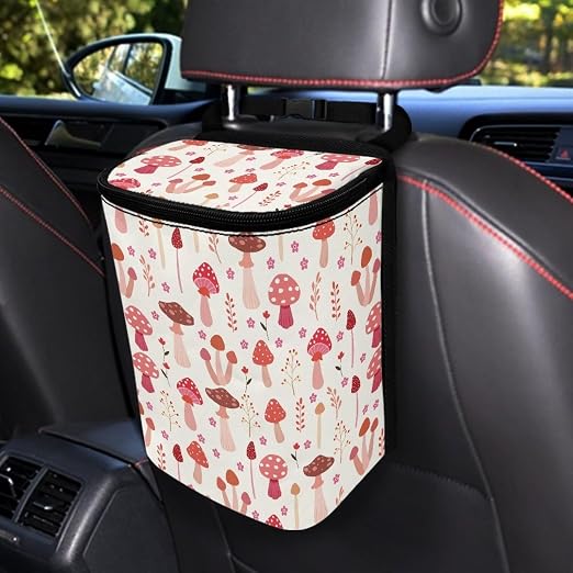 Biyejit Pink Mushroom Car Trash Can with Lid Collapsible Waterproof Car Garage Bag Reusable Hanging Automotive Garbage Bin with Adjustable Strap Car Accessories Interior Car Organizer