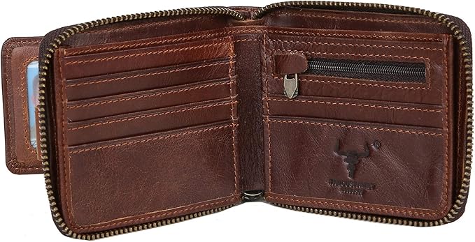 Zipper Wallet Men RFID Blocking Leather Bifold Wallets For Men - Flap ID Window Zip Coin Pocket Mens Zipper Wallets - Big Capacity Credit Card Travel Wallet (Brown)