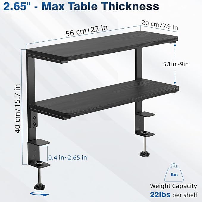 2-Tier Desk Extender, 22-inch Clamp-On Desk Shelf, Height-Adjustable Desktop Shelf Organizer for Monitors Office and Gaming Accessories, Arm Support Table Extension, Black