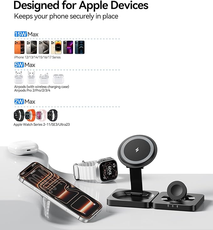 Wireless Charger for iPhone, 3-in-1 Magnetic Charging Station for Apple Device, MagSafe Charger Stand for iPhone 17 16 15 14 13 12 Series, Apple Watch Ultra, Airpods Pro, Foldable, Black