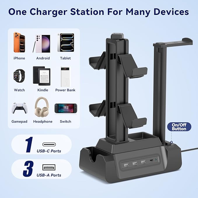 KDD Charging Station for Multiple Devices - 4 Ports Charging Dock with Controller and Headset Stand - 3 USB A & 1 USB C for Cellphone Tablet and Other Electronic - Multi Storage for Gaming Accessories