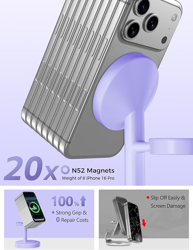 2026 3 in 1 Wireless Charging Station Compatible with MagSafe, 15W Fast Magnetic Mag-Safe Charger Stand for Apple iPhone 17 16 15 14 13 12 Series iWatch AirPods Pro 4 3 2, Purple