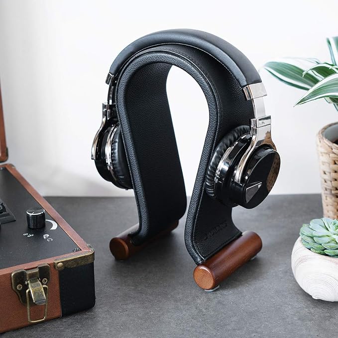 Navaris Omega Headphone Stand - Synthetic Leather Headset Hanger with Wood Base - Holder for Wired, Wireless, Gaming, DJ, Studio Headphones - Black