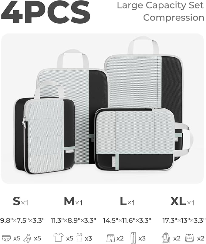 Percover Compression Packing Cubes 4-Piece Set, Packing Cubes Compression for Travel with Label Pockets, Travel Organizer for Carry On & Checked Luggage, Black