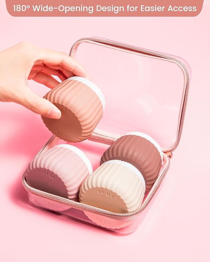 Mrsdry Travel Containers for Toiletries 4 Pack, Clear Hard Zipper Case, TSA Approved Travel Size Toiletries, With Clear Bag Leak Proof Silicone Jars, Creams Jars Carrying Small Items